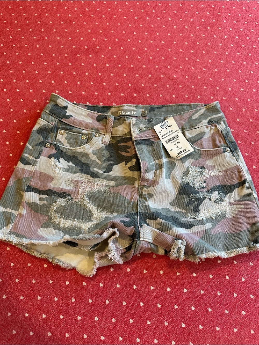 New! Tractr Girls' Camo Distressed Denim Shorts - Olive Green. Size 12